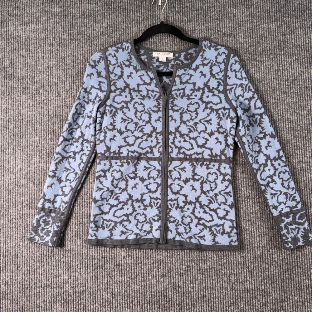 Pendleton Womens Petite Blue Geometric Merino Wool Zip Cardigan‎ Sweater Knit